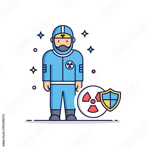 Radiation safety concept protective suit figure standing beside a small radiation icon with shield accent, symbolizing precaution, monitoring and occupational