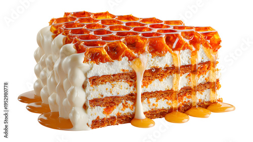 Honey cake slice with cream and dripping honey