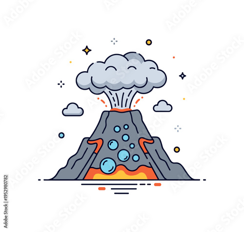 Gas release and ash cloud formation illustrated with rising bubble icons inside magma and a spreading cloud above crater, expressing pressure release and