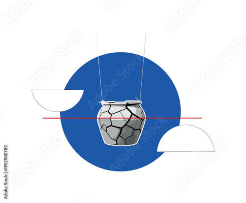 Black and white cracked pot suspended by thin strings like fragile installation art, large electric blue circle behind the hanging form, thin red horizontal