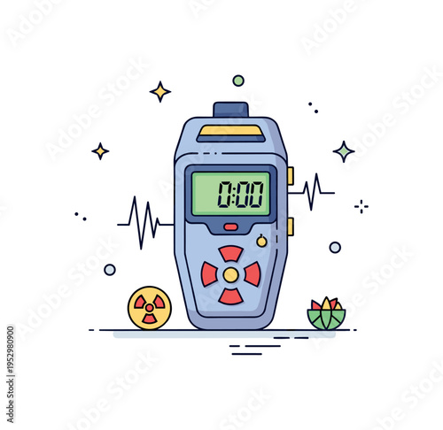 Radiation monitoring device compact Geiger counter with digital display and small wave indicators, representing measurement and environmental detection.