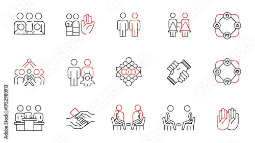 Illustrations depicting various social interaction and group activity icons