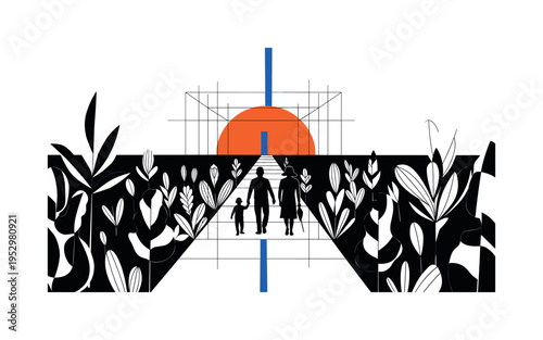 Black and white family walking along a garden path lined with abstract plant shapes, bright orange semicircle at horizon and blue vertical accent dividing