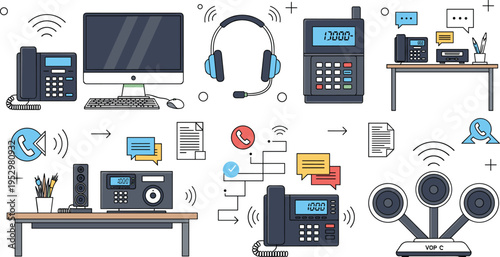Call center and communication equipment illustration set with phone headset computer VoIP office support system collection