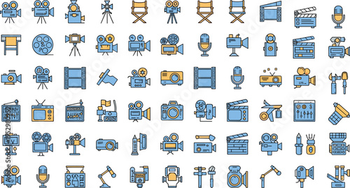 Comprehensive Collection of Retro Cinema and Filmmaking Icons Featuring Movie Cameras Clapperboards Directors Chairs Microphones and Video Production Equipment Vector Set
