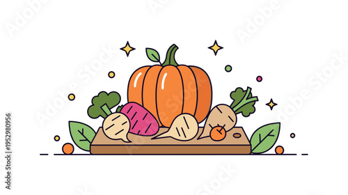 Autumn seasonal recipe pumpkin and root vegetables on a compact cutting board with subtle leaf accents, symbolizing cozy comfort food and warm