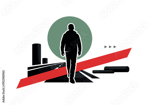 A black-and-white silhouette of a person walking forward on an empty highway, placed off-center with a white contour outline, oversized muted green circle