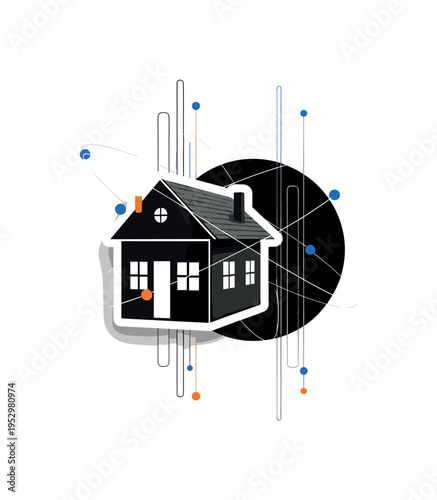 A monochrome rural house silhouette blended with a bold black circle representing the financial system, thin white orbital lines connecting the house to small