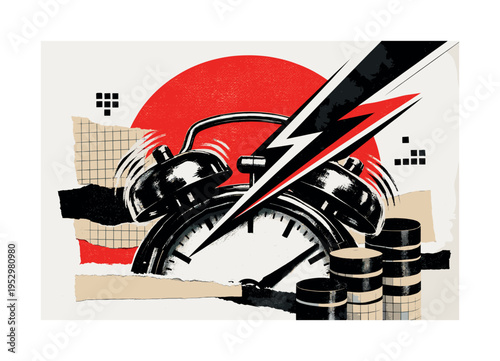 High-contrast black and white close-up of vintage alarm clock bells vibrating, vivid red semicircle rising behind the top edge, angular lightning bolt icon