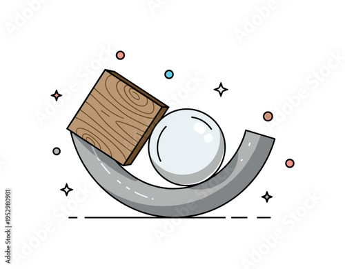 Artistic use of materials sculptural composition combining a smooth wooden block, a curved metal arc and a transparent glass sphere balanced