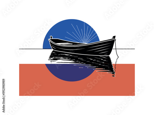 Realistic black and white solitary rowboat resting on still river water, oversized cobalt blue circle echoing reflection behind it, bold terracotta rectangular