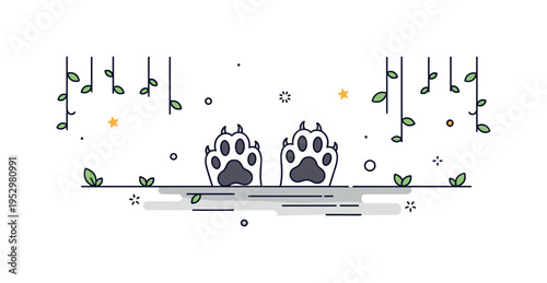 Big cat paw prints appearing along a jungle floor framed by hanging vines, conveying stealth, power, and untamed wilderness. Minimal shadow shapes and small