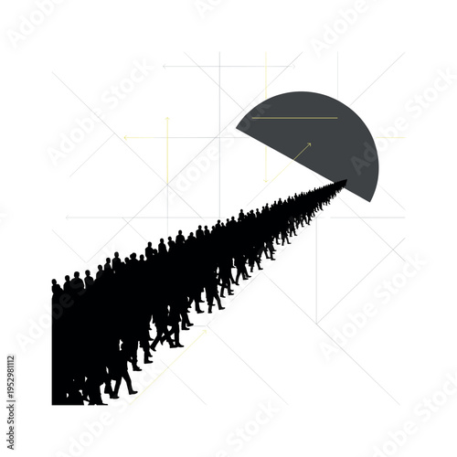 black and white crowd moving diagonally across the frame as if escaping, large dark semicircle looming overhead like pressure, thin yellow directional arrows