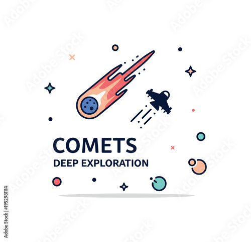 Comets deep space exploration badge with a glowing comet passing near a small spacecraft silhouette. The composition conveys discovery, adventure,