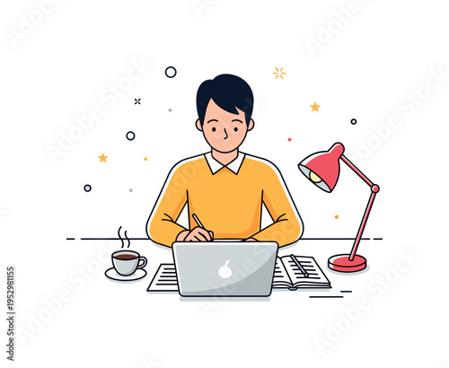 Working on a project focused individual seated at a desk with open laptop, notebook and small coffee cup, expressing productivity, concentration and creative