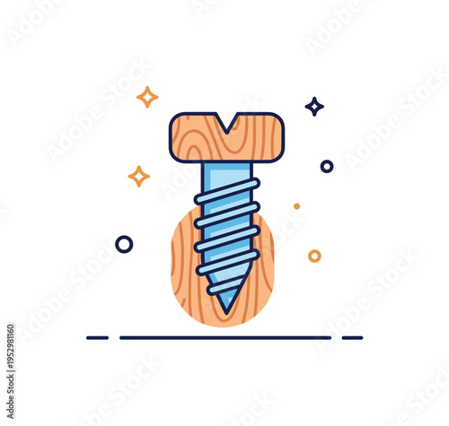 Furniture repair badge stylized screw embedded firmly in wood texture shape with tiny sparkle accents, representing durability and improved