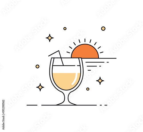 Pina colada romantic sunset mood featuring a creamy cocktail glass paired with a small stylized sunset disk and soft star accents. A warm and dreamy symbol of