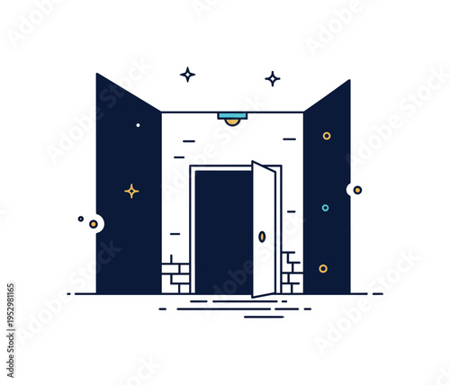 Dark alley hidden doorway scene illustrated by a subtle door outline framed by tall shadowed walls and a faint overhead light. The composition conveys secrecy,