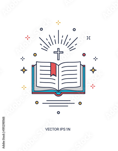 Sacred symbol composition central open book with a radiant light above and subtle ornamental accents around, expressing faith, wisdom and devotion in a