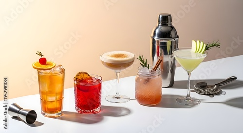 Variety of colorful cocktails with garnishes on a white table