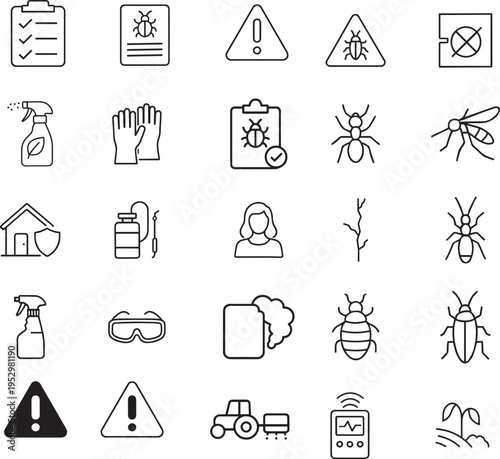 Pest vector icon set, clipboard, warning, spray, gloves, ant, mosquito, house, sprayer, person, branch, roach, goggles, tractor, monitor, sprout