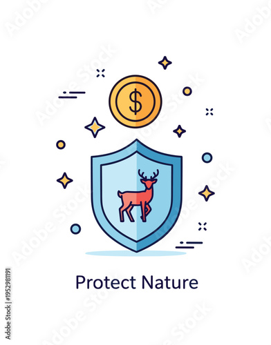 Wildlife protection funding concept featuring a shield icon with a small deer silhouette inside and a coin symbol above, expressing financial support for