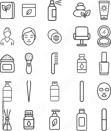 Beauty vector icon set, cream jar, spray bottle, spa stones, sunscreen, woman face, salon chair, compact powder, comb, nail polish, lotion bottle, face mask, essential oil, diffuser, tweezers, shampoo