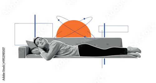 Black and white person lying on a sofa with eyes closed in calm relaxation, bright orange semicircle behind the head and blue orbit lines suggesting peaceful