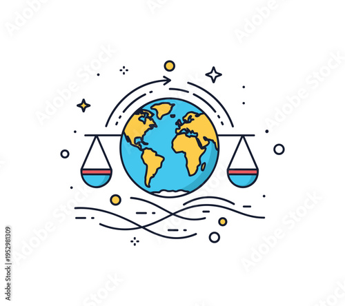 Global rhythm and balance metaphor centered on a rotating Earth icon with subtle wave lines beneath it, expressing harmony, equilibrium and natural cycles. The