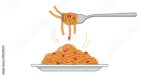 A plate of spaghetti with sauce being picked up by a fork