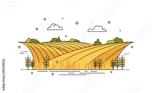 Golden fields and hills curved landscape with subtle wheat accents in the foreground and distant rolling terrain, conveying agricultural scenery and harvest