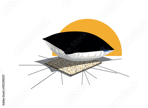 Black and white pillow lifted slightly with geometric shadow beneath, hidden matzah square tucked under, bold golden semicircle behind symbolizing festive