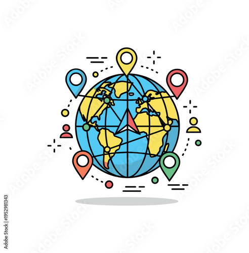 Global digital mapping illustration featuring a small globe grid with interconnected pins symbolizing worldwide navigation networks and geolocation services.