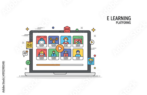 E learning platforms laptop screen displaying a grid of course thumbnails with a small play button icon and subtle progress bar below, expressing accessible