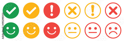 green, yellow, and red round icons showing check marks, cross marks, alerts, and emoticons, flat vector buttons with feedback emoji, exclamation points, X marks, UI elements, status indicators, app 