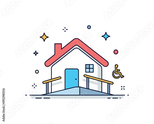 Home accessibility adaptation concept featuring a house icon with a ramp and handrail integrated into the structure, symbolizing comfort, safety, and