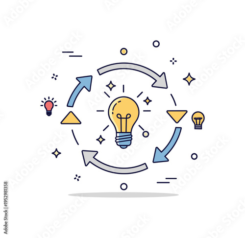 Idea generation cycle circular arrows surrounding a central lightbulb with small sparkle accents, symbolizing brainstorming and continuous