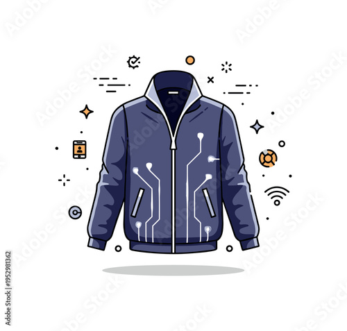 Fashion and technology convergence with a sleek jacket featuring subtle glowing circuit lines integrated into the fabric. The composition highlights