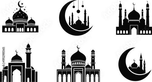 Set of Fifteen Detailed Black Mosque Silhouettes Featuring Diverse Dome and Minaret Architectural Designs for Ramadan Kareem and Eid Mubarak Religious Festival Graphic Design Projects