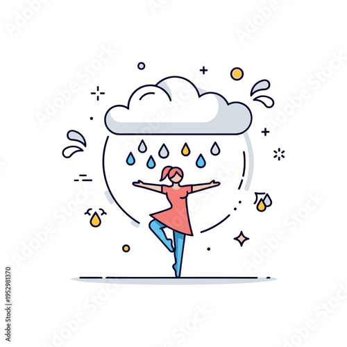 Rainy season optimism concept featuring a simplified dancer silhouette framed by a rounded cloud and rhythmic raindrops, symbolizing embracing change and