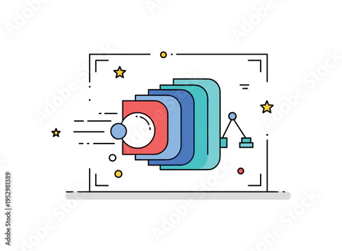 Creative process unfolding featuring layered geometric shapes forming inside a simple frame, symbolizing ideas taking structure and evolving into tangible