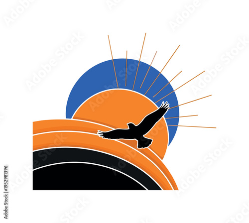 Black and white bird silhouette flying upward across a rising sun, large electric blue circle overlapping the top edge of the orange sun disc, thin orange