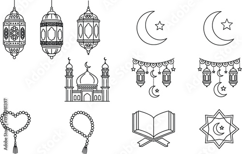 Set of Fifteen Detailed Black Mosque Silhouettes Featuring Diverse Dome and Minaret Architectural Designs for Ramadan Kareem and Eid Mubarak Religious Festival Graphic Design Projects