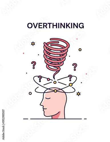 Overthinking spiral abstract spiral hovering above a calm face profile with tiny question marks orbiting, symbolizing rumination and difficulty letting go of