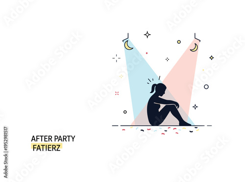 After party fatigue contrast scene illustrated through a single silhouette seated under fading light beams with scattered confetti on the floor, symbolizing