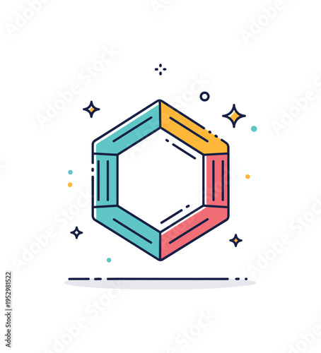 Benzene ring illustration hexagonal aromatic ring with alternating double bonds and small sparkle accent, representing aromatic stability and classic organic