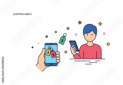 Shopping habits price comparison behavior concept featuring a figure holding a phone with two small price tags displayed side by side. The scene symbolizes