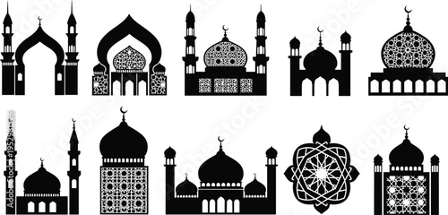 Set of Fifteen Detailed Black Mosque Silhouettes with Diverse Dome and Minaret Architectural Designs for Ramadan Kareem and Eid Mubarak Religious Festival Graphic Design Projects