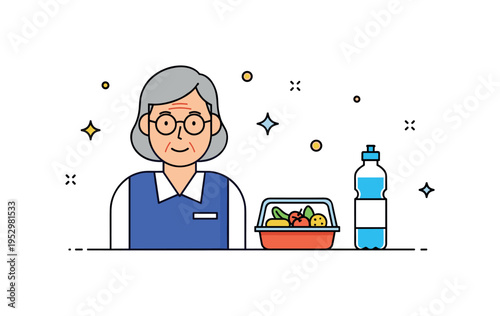 Healthy routine during workday featuring a mature employee with a lunch container and water bottle placed neatly on the desk, symbolizing nutrition and
