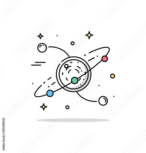 Galactic power flow glowing sphere connected by curved light streams to smaller orbiting elements, conveying interconnected forces and balance within the